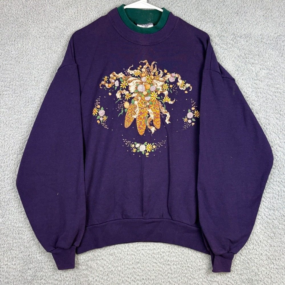 Vintage Gopher Sport Sweatshirt Womens Large Purple Corn Floral Harvest 90s USA